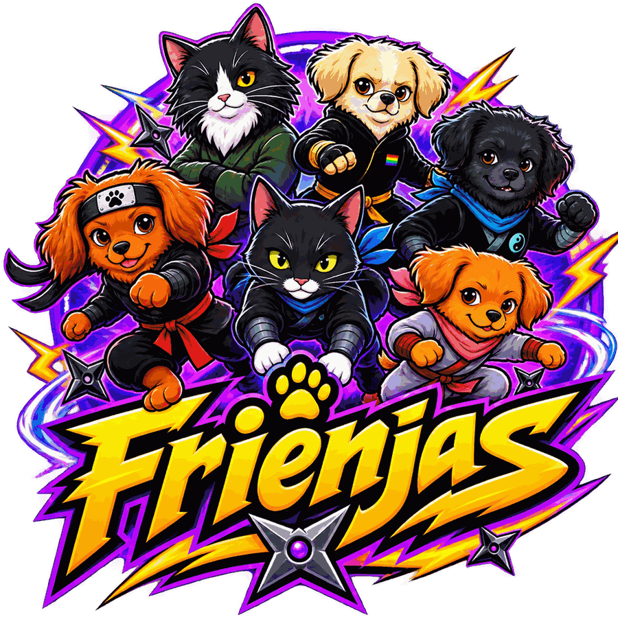 The Frienjas: six pet ninjas grouped around the Frienjas logo